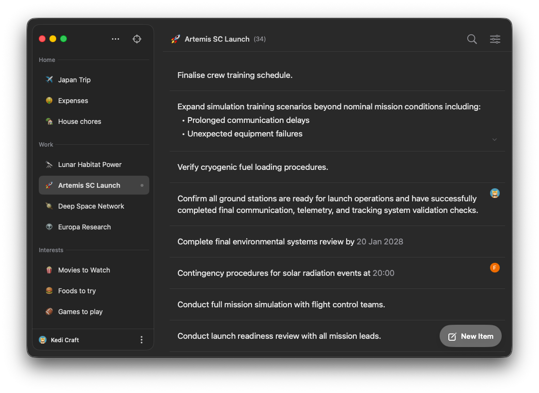 Myrkat app showing the Artemis SC Launch board